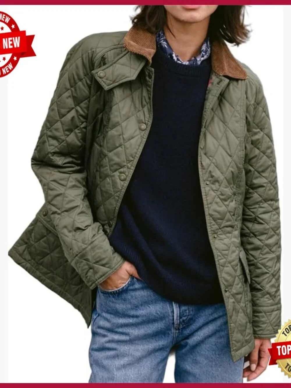 Women's Diamond Quilted Jacket with Corduroy Collar and Side Pockets - Picture 1 of 7